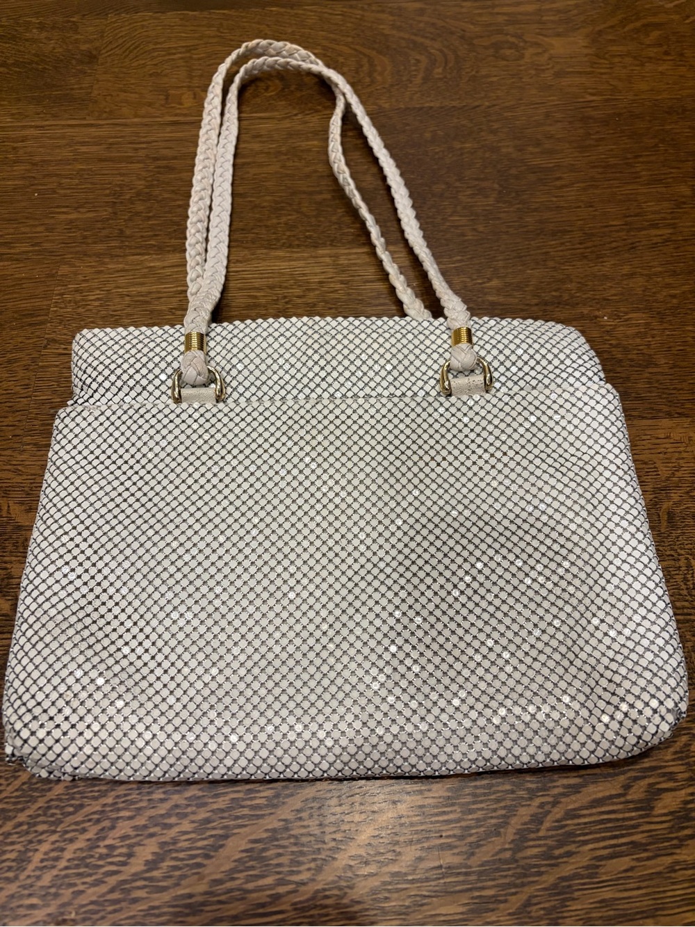Vintage metal mesh white purse by Allan Edwards—braided leather straps. Rare